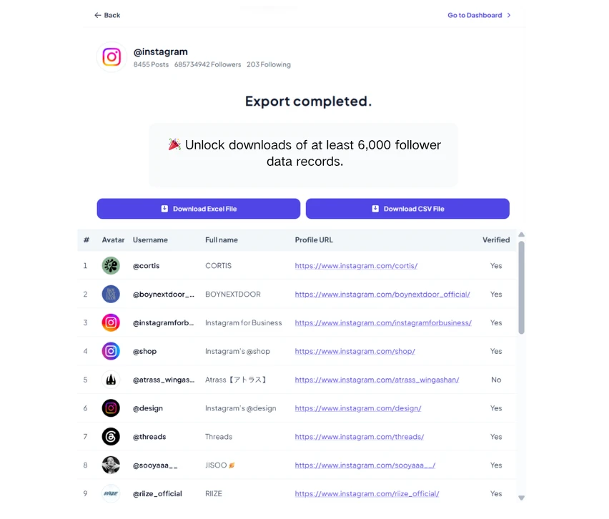 Instagram follower export tool preview with download and data table